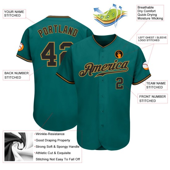 Teal Jersey Gold Authentic Baseball Black-Old Custom