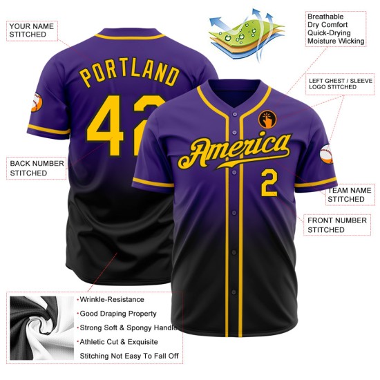 Authentic Fashion Custom Purple Jersey Gold-Black Baseball Fade