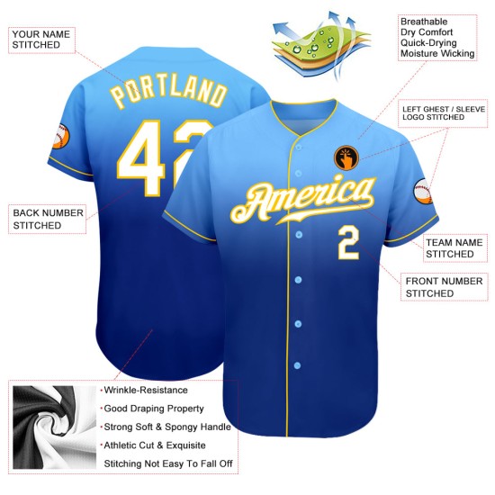 White-Royal Custom Baseball Jersey Fade Blue Fashion Light Authentic