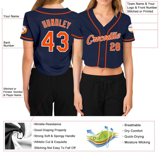 Orange-White Baseball Jersey Custom V-Neck Cropped Navy Women's