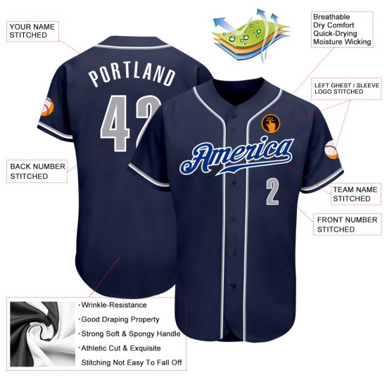 Gray-White Jersey Baseball Custom Navy Authentic