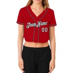 Baseball V-Neck Red Custom Women's Cropped White-Black Jersey