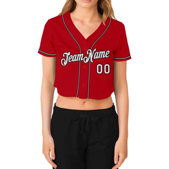 Baseball V-Neck Red Custom Women's Cropped White-Black Jersey