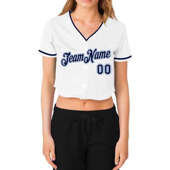 Cropped Jersey Navy-Light Women's Custom Blue White Baseball V-Neck