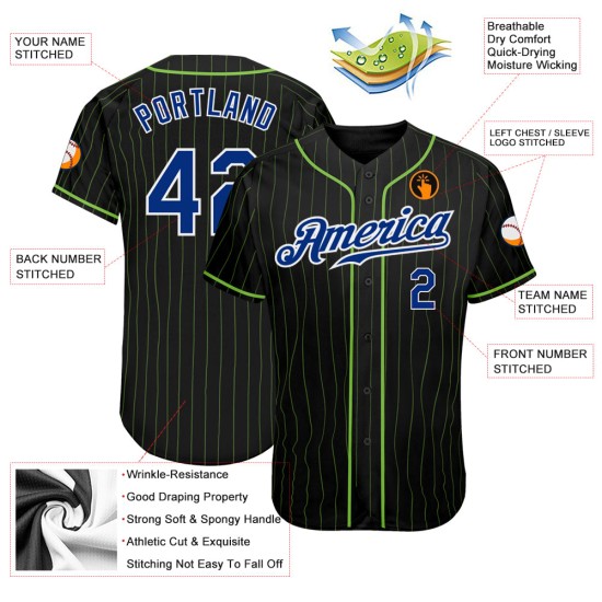 Custom Pinstripe Black Authentic Royal-White Baseball Jersey Neon Green Custom Pinstripe Black Authentic Royal-White Baseball Jersey Neon Green