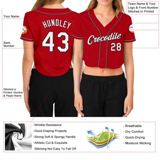 Baseball V-Neck Red Custom Women's Cropped White-Black Jersey