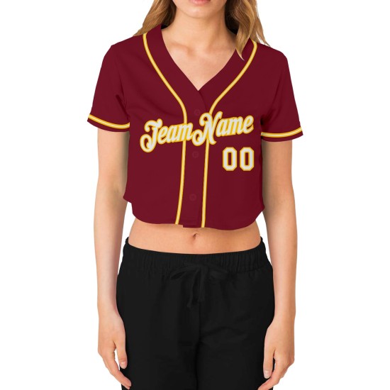 Jersey White-Gold Cropped Women's Custom Crimson Baseball V-Neck