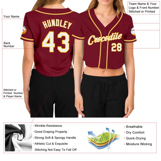 Jersey White-Gold Cropped Women's Custom Crimson Baseball V-Neck