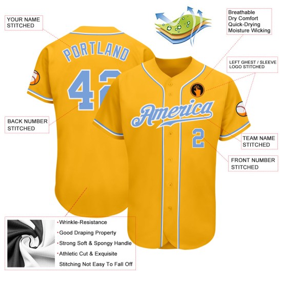 Baseball Gold Blue-White Custom Jersey Light Authentic