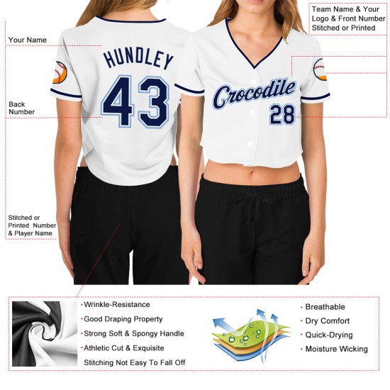 Cropped Jersey Navy-Light Women's Custom Blue White Baseball V-Neck