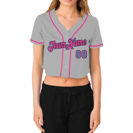 Light Women's Black-Pink Blue Gray Baseball Cropped Jersey Custom V-Neck Light Women's Black-Pink Blue Gray Baseball Cropped Jersey Custom V-Neck