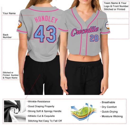 Light Women's Black-Pink Blue Gray Baseball Cropped Jersey Custom V-Neck Light Women's Black-Pink Blue Gray Baseball Cropped Jersey Custom V-Neck