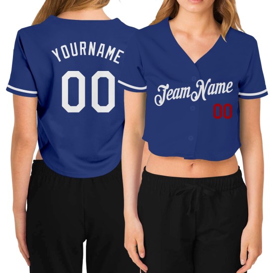 V-Neck Jersey Baseball Women's Royal White-Red Cropped Custom