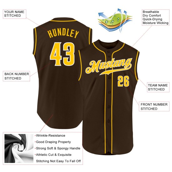 Custom Sleeveless Jersey Authentic Brown Gold-White Baseball