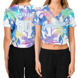 White V-Neck Cropped 3D Trees Palm Custom White-Light Blue Hawaii Women's Baseball Jersey