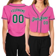 Baseball Women's Jersey V-Neck Kelly Custom Cropped Green-White Pink