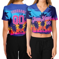 Trees Custom Royal Hawaii Jersey 3D Women's Pink-Light Cropped V-Neck Blue Palm Baseball
