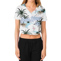 Jersey White-Light Custom V-Neck Women's Baseball Blue Cropped White 3D Palm Hawaii Trees