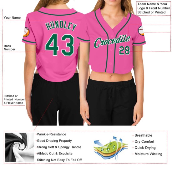 Baseball Women's Jersey V-Neck Kelly Custom Cropped Green-White Pink