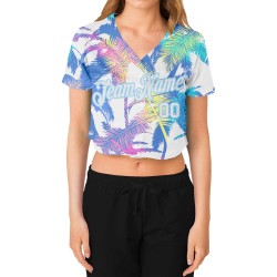 White V-Neck Cropped 3D Trees Palm Custom White-Light Blue Hawaii Women's Baseball Jersey