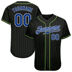 Custom Pinstripe Black Authentic Royal-White Baseball Jersey Neon Green