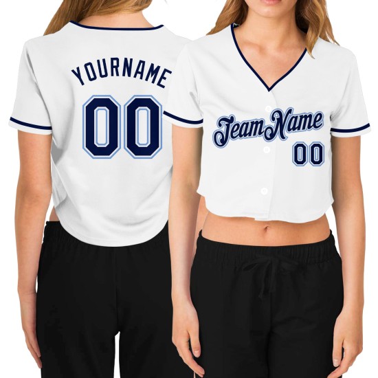Cropped Jersey Navy-Light Women's Custom Blue White Baseball V-Neck