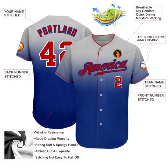Gray Baseball Authentic Fade Jersey Red-Royal Fashion Custom Gray Baseball Authentic Fade Jersey Red-Royal Fashion Custom