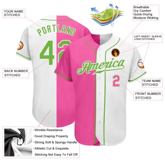 Green-Pink Authentic Custom Split Baseball Fashion Jersey Neon White