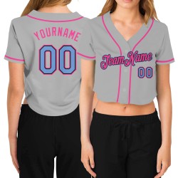Light Women's Black-Pink Blue Gray Baseball Cropped Jersey Custom V-Neck