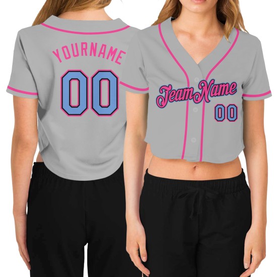 Light Women's Black-Pink Blue Gray Baseball Cropped Jersey Custom V-Neck Light Women's Black-Pink Blue Gray Baseball Cropped Jersey Custom V-Neck