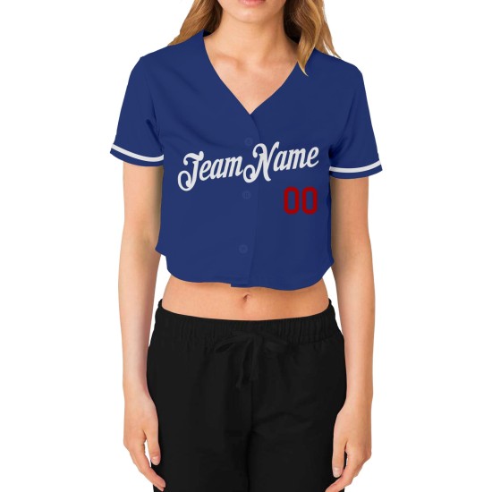 V-Neck Jersey Baseball Women's Royal White-Red Cropped Custom