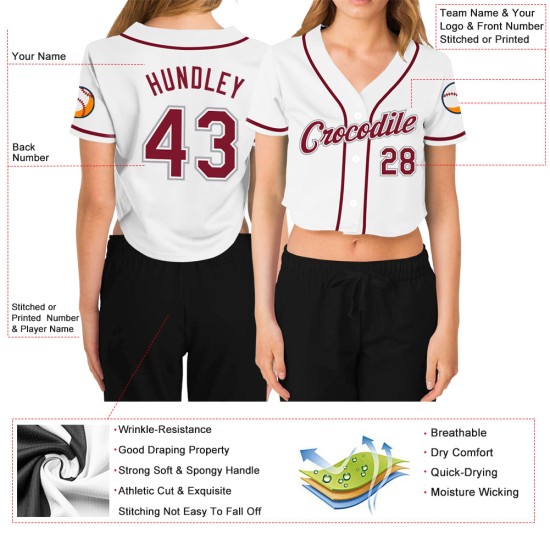 Cropped Custom Baseball Women's Jersey V-Neck White Crimson-Gray